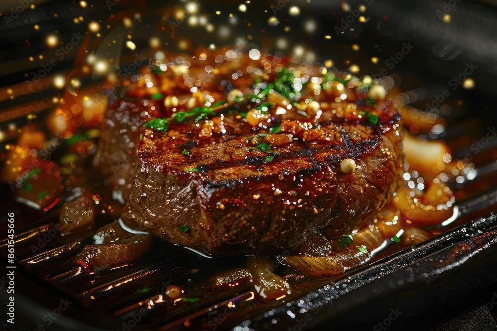 Juicy grilled steak on a sizzling pan with spices and herbs, showcasing a delectable and mouthwatering gourmet meal. Juicy grilled steak on a sizzling pan with spices and herbs, showcasing a delectable and mouthwatering gourmet meal.