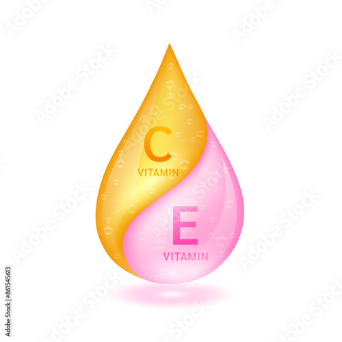 Orange vitamin C droplet and pink vitamin E solution isolated on white background. Vitamins complex minerals supplements should take in pairs. Medical scientific concepts. 3D Vector.