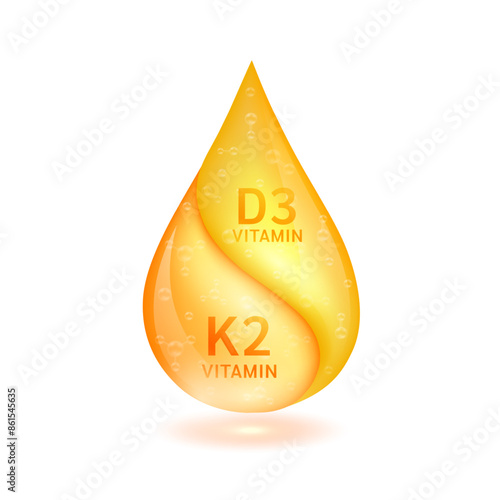 Orange vitamin D3 droplet and vitamin K2 solution isolated on white background. Vitamins complex minerals supplements should take in pairs. Medical scientific concepts. 3D Vector.