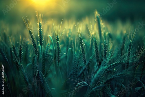 Serene close-up of a vibrant green wheat field at sunset, with sunlight creating a tranquil and mystical atmosphere. photo