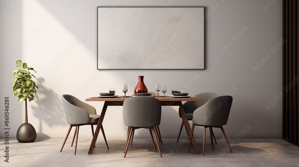 A Modern Minimalist Dining Table And Chairs With A Blank Banner On The Wall. A Modern Minimalist Dining Table And Chairs With A Blank Banner On The Wall.