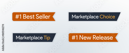 #1 Best Seller badge on Amazon. N1 New Release label. Online marketplace choice and Tip. Top performer logo. Internet retail. Private label attributes. Listing product details. Vector illustration.