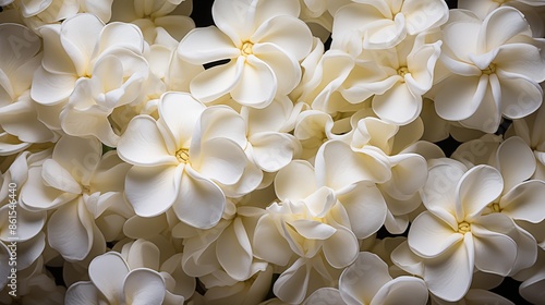 Gardenia flowers beauty texture. Close-up of a cluster of white plumeria flowers with yellow centers, showcasing their delicate petals and natural beauty. Filled on full screen.