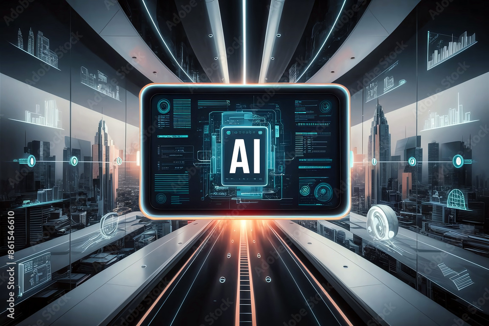 Obraz premium Clean and minimalist illustration of AI computing technology in business, featuring computer screens displaying AI data and surrounded by a futuristic cityscape. 
