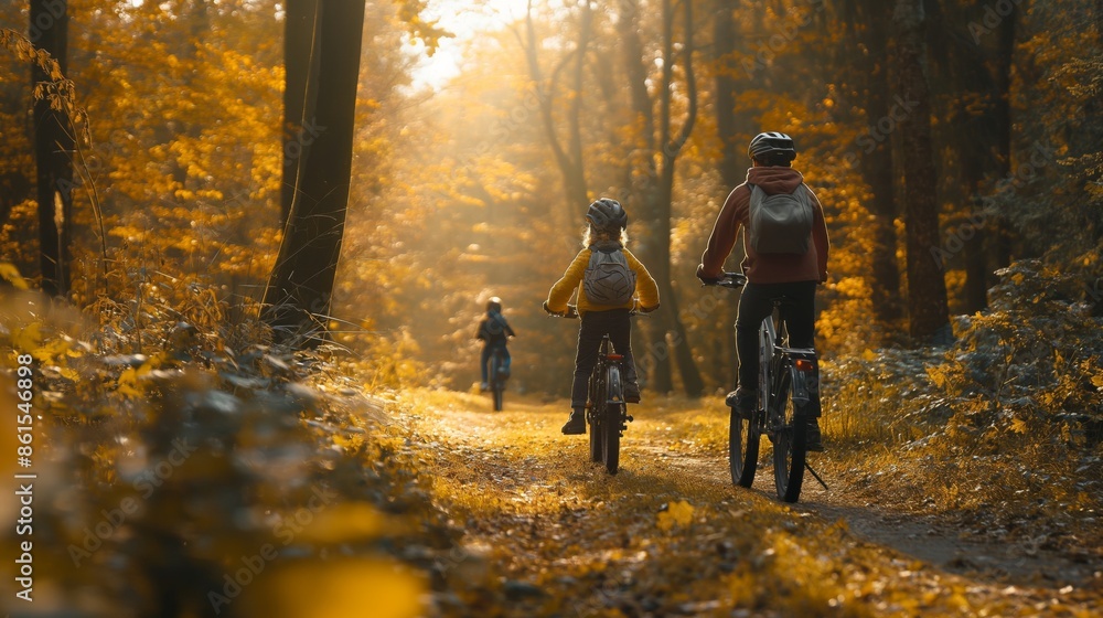 Family on a bike ride in the forest, active recreation and health Family on a bike ride in the forest, active recreation and health