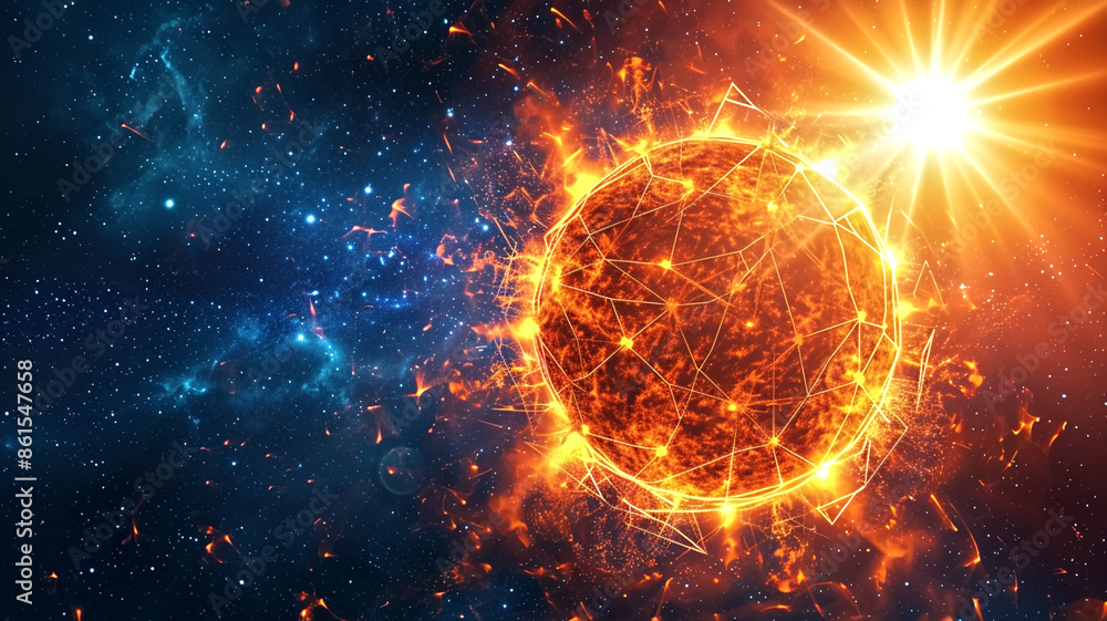 Fototapeta premium Glowing Sun in Space with Fiery Solar Flares and Starry Background