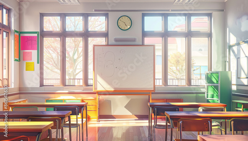 Wallpaper Mural Bright Empty Classroom with Desks, Chairs, Educational Posters, Wall Clock, and Empty Whiteboard Torontodigital.ca