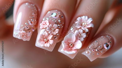 Exquisite Floral Nail Art with 3D Flowers and Gems