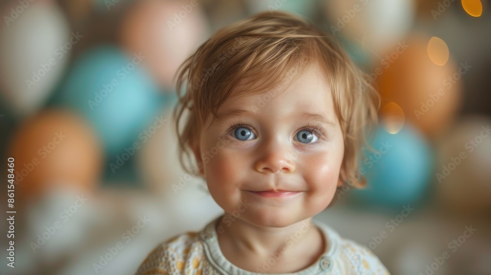 An endearing child with blonde hair, sparkling blue eyes, and a light smile stands against a backdrop of colorful balloons, exuding innocence and happiness. An endearing child with blonde hair, sparkling blue eyes, and a light smile stands against a backdrop of colorful balloons, exuding innocence and happiness.