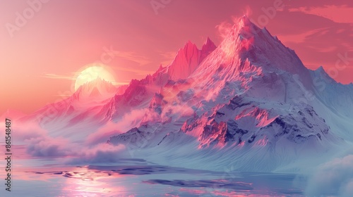 Pink Sunset Over Snow Capped Mountains in a Serene Landscape