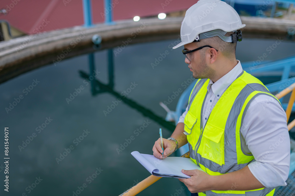 Fototapeta premium Environmental engineers work at wastewater treatment plants,Water supply engineering working at Water recycling plant for reuse