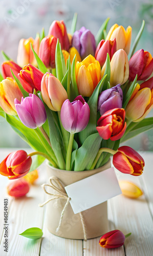 Beautiful bouquet of tulip flowers with Happy Birthday card on light background, closeup #861549483