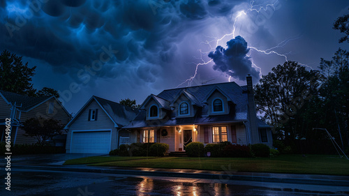 Suburban house with lightning bolts in the sky during a storm