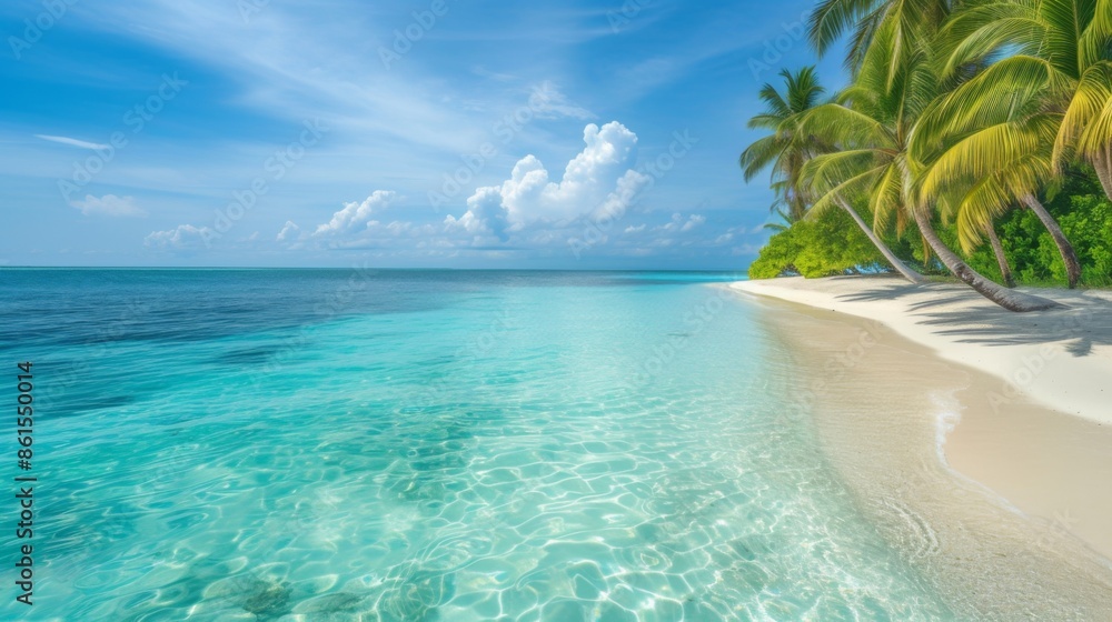 Fototapeta premium A tropical paradise beach with crystal-clear waters, white sand, and palm trees swaying in the breeze