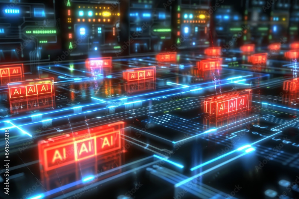 Digital illustration of a futuristic AI circuit board, highlighting the advancements in artificial intelligence hardware technology Digital illustration of a futuristic AI circuit board, highlighting the advancements in artificial intelligence hardware technology