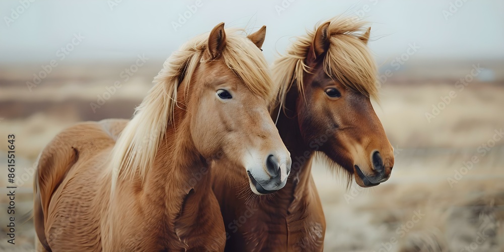 Obraz premium Icelandic Horses with Shaggy Manes Grace the North Iceland Landscape. Concept Nature, Animal Care, Iceland, Photography, Equestrian