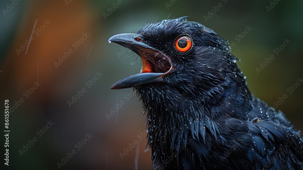 Fototapeta premium A black bird is captured mid-song amidst the rain, its vibrant orange eyes contrasting its wet feathers, portraying a poignant scene of nature and perseverance.