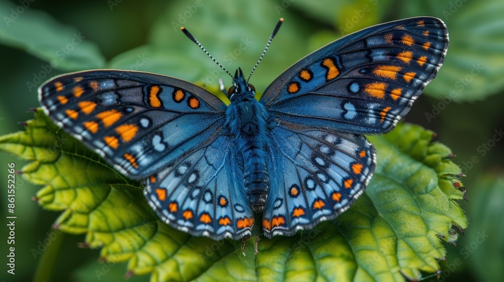 A close-up of a blue butterfly with orange spots resting on a leaf, revealing finely detailed wing patterns and colors, epitomizing the beauty of nature's designs. A close-up of a blue butterfly with orange spots resting on a leaf, revealing finely detailed wing patterns and colors, epitomizing the beauty of nature's designs.