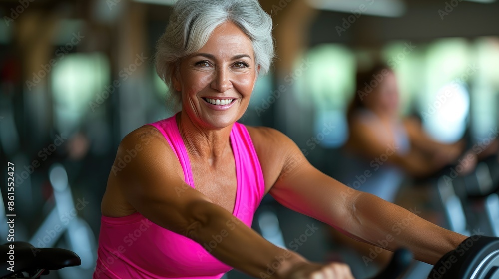 Fototapeta premium Active senior woman enjoying indoor cycling fitness class