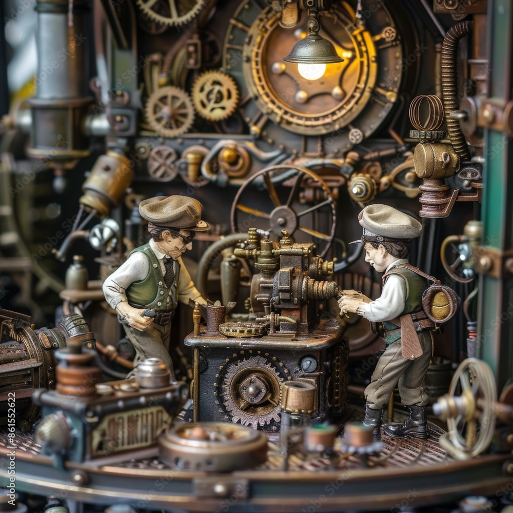 Steampunk-inspired scene featuring tiny inventors in a workshop filled with gears, gadgets, and fantastical contraptions, exuding Victorian-era aesthetic and whimsical charm. Steampunk-inspired scene featuring tiny inventors in a workshop filled with gears, gadgets, and fantastical contraptions, exuding Victorian-era aesthetic and whimsical charm.