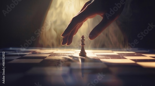 Hand casting shadow over chessboard in dramatic setting