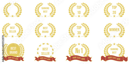 Big set of gold Laurel Wreath and ribbon in trendy flat style. Winner award ranking collection. Luxury vector illustration for web and social media design. EPS 10