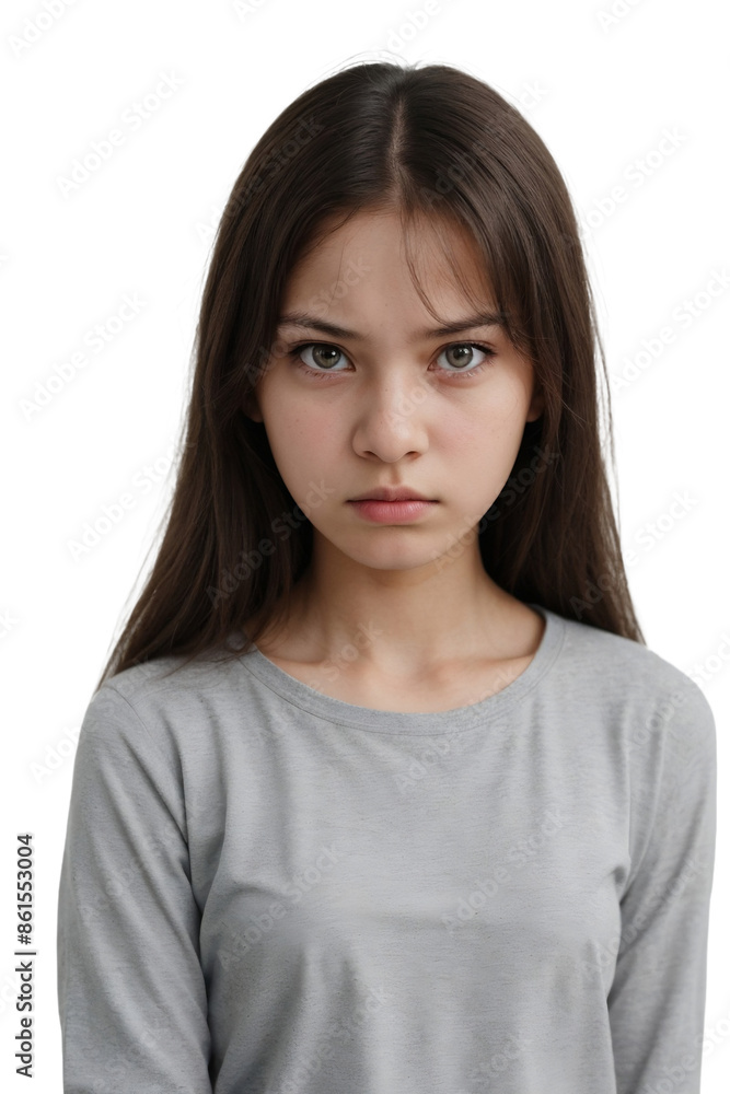 Young girl with angry or dissatisfied feelings standing, isolated, transparent background, no background. PNG. Young girl with angry or dissatisfied feelings standing, isolated, transparent background, no background. PNG.