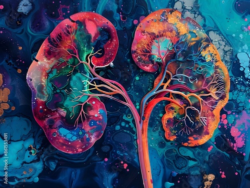 Kidney Transplant Concept with Vibrant Colors and Flowing Vessels