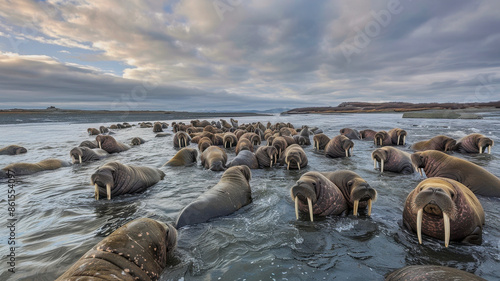 Herd of walrus in Arctic sea photo