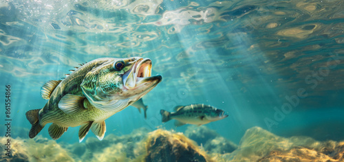 Fototapeta Naklejka Na Ścianę i Meble -  Largemouth bass swimming in a sunlit lake