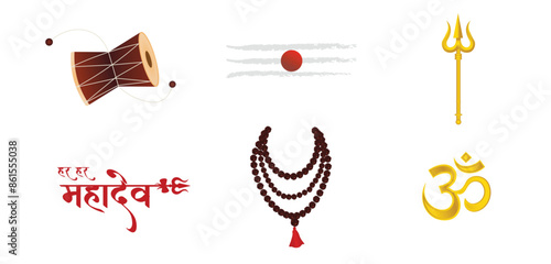 set of lord shiva symbol damru lord shiva Tilak golden Trishul om on white isolated