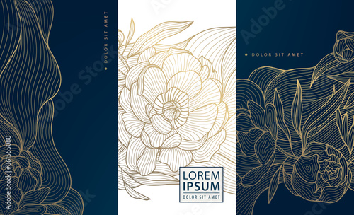 Vector set of flower line backgrounds, chinese rose floral luxury patterns, elegant templates, beauty royal cards. Vintage botanical prints, plant illustrations. 