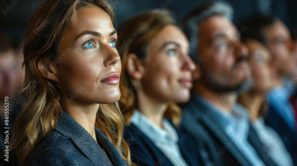 A group of colleagues in office clothes sits in a meeting room, listening to a speech. A young woman and a man listen to educational courses while working in the office. A group of colleagues in office clothes sits in a meeting room, listening to a speech. A young woman and a man listen to educational courses while working in the office.