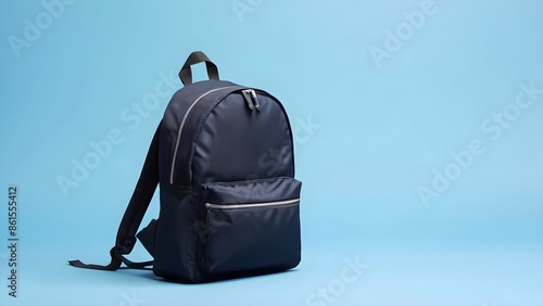 Student's school backpack isolated on blue background, back to school concept.