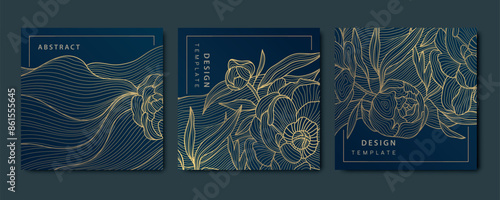 Vector set of flower line backgrounds, chinese rose floral luxury patterns, elegant templates, beauty royal cards. Vintage botanical prints, plant illustrations. 