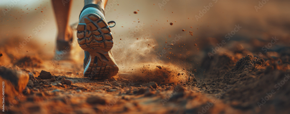 Close-up rear view of runners shoe during evening trail run Close-up rear view of runners shoe during evening trail run