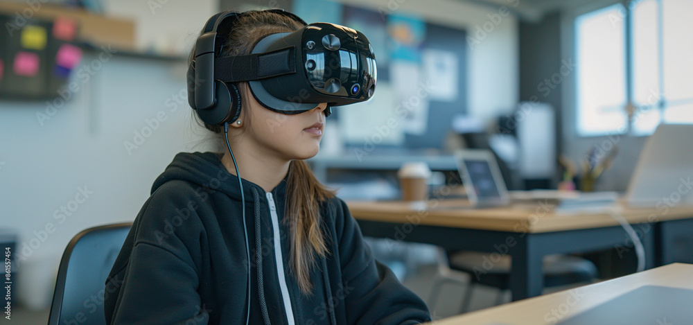 A student girl experiencing & interacting with VR headset box in a classroom. Virtual reality for futuristic education, modern technology for children, smart learning concept. A student girl experiencing & interacting with VR headset box in a classroom. Virtual reality for futuristic education, modern technology for children, smart learning concept.