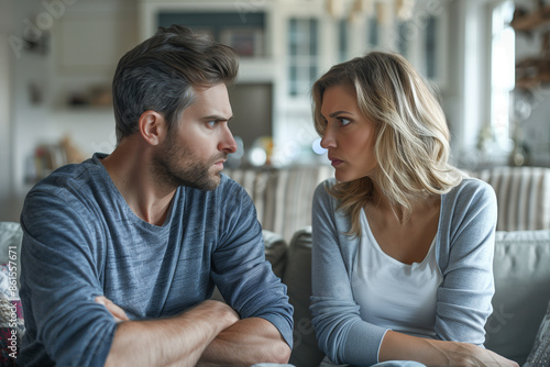 A couple, arms crossed, engaged in a serious argument. Their expressions show frustration and anger, reflecting the strain in their relationship.