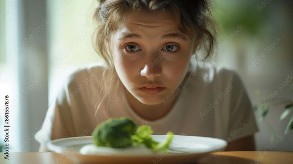 An unhappy depressed girl with a piece of broccoli food on the plate. Eating disorder, anorexia, or dieting problems. No appetite. An unhappy depressed girl with a piece of broccoli food on the plate. Eating disorder, anorexia, or dieting problems. No appetite.