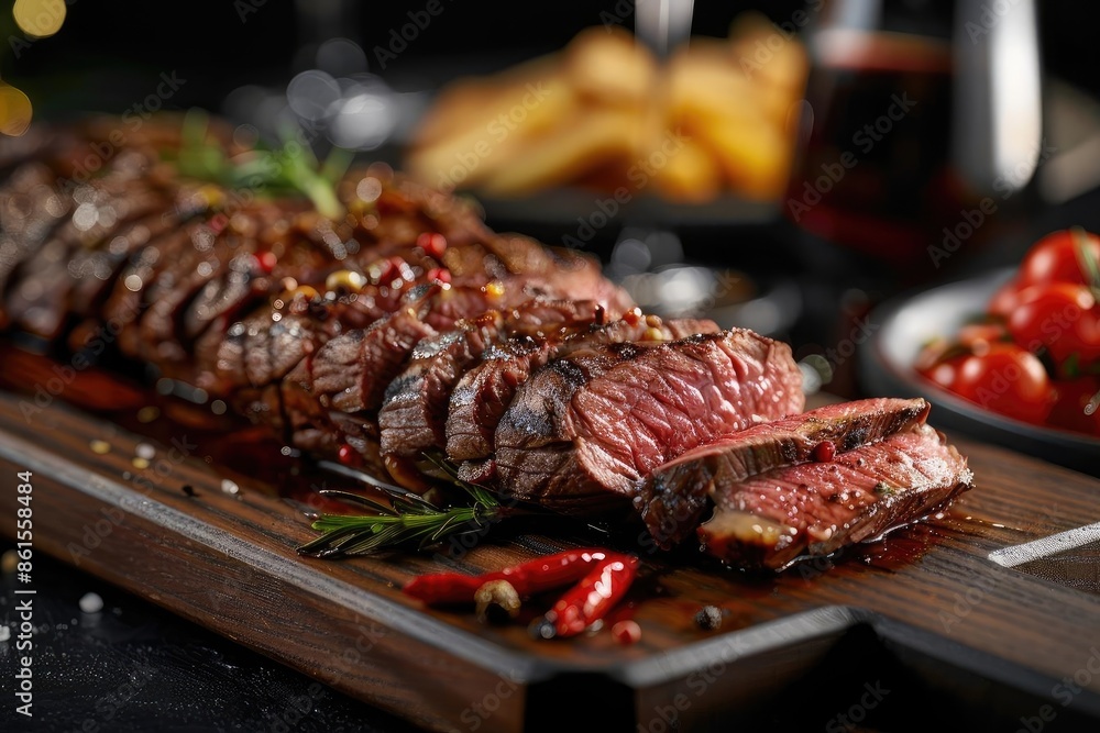 Close-up of a perfectly cooked steak on a wooden board, garnished with spices, rosemary, and red chili peppers, ready to be served. Close-up of a perfectly cooked steak on a wooden board, garnished with spices, rosemary, and red chili peppers, ready to be served.