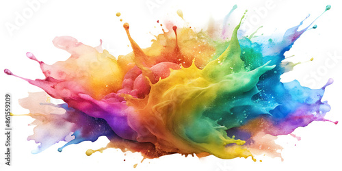An abstract image of colorful liquid paint splattered on a white background, creating a vibrant and dynamic composition