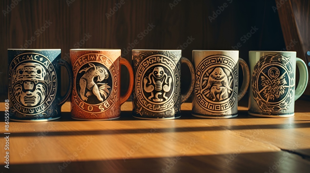 Five colorful coffee mugs with unique designs,. Five colorful coffee mugs with unique designs,.