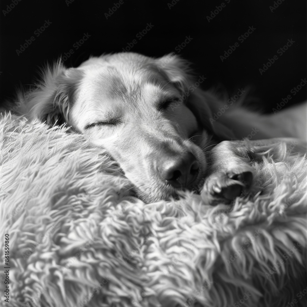 A dog sleeping peacefully on a fluffy pillow tongue sticking out in contentment. Black and white art A dog sleeping peacefully on a fluffy pillow tongue sticking out in contentment. Black and white art