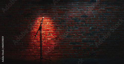 A stage microphone against a brick wall photo