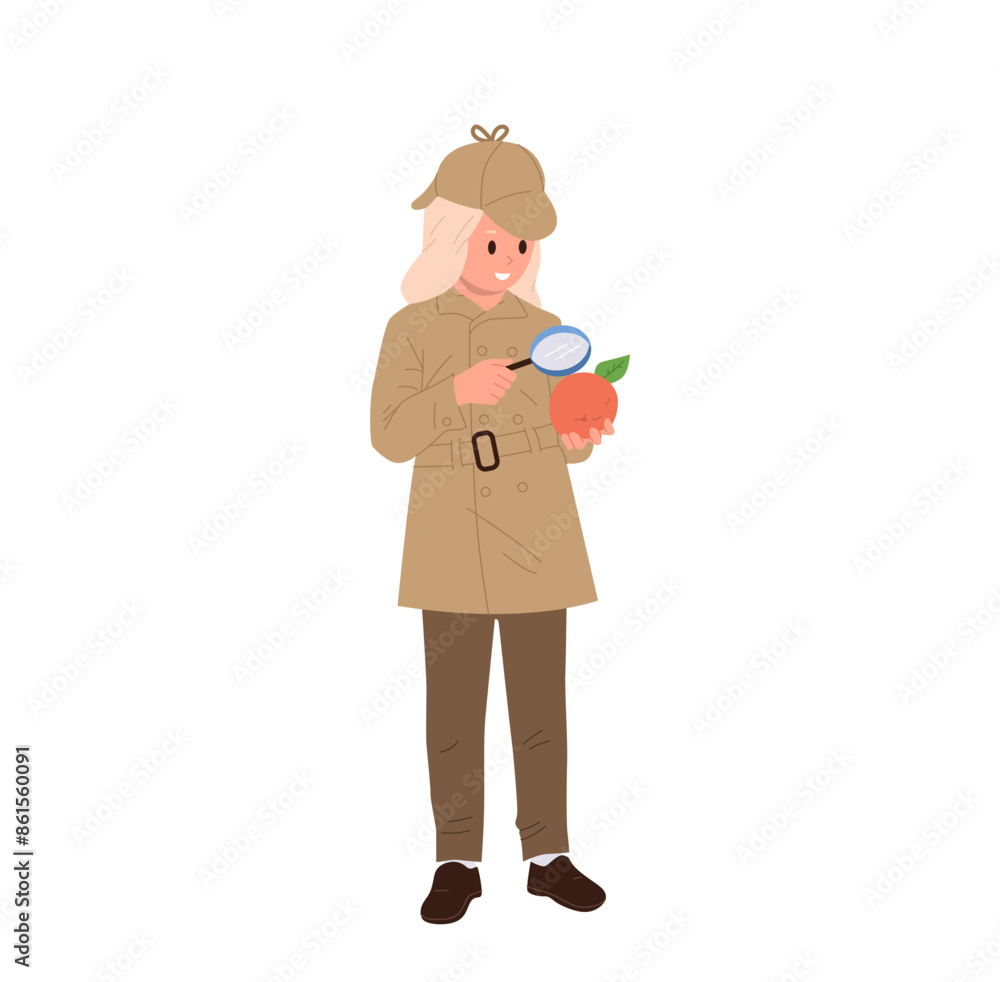 Cute little girl detective cartoon character looking through magnifying glass at fresh natural apple fruit Cute little girl detective cartoon character looking through magnifying glass at fresh natural apple fruit