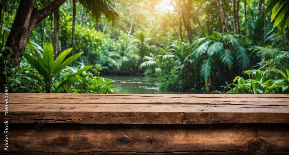 rustic wooden table and, in the background, a jungle landscape blurred with nature, dense foliage, vegetation, and sky, to use as a background for products. rustic wooden table and, in the background, a jungle landscape blurred with nature, dense foliage, vegetation, and sky, to use as a background for products.