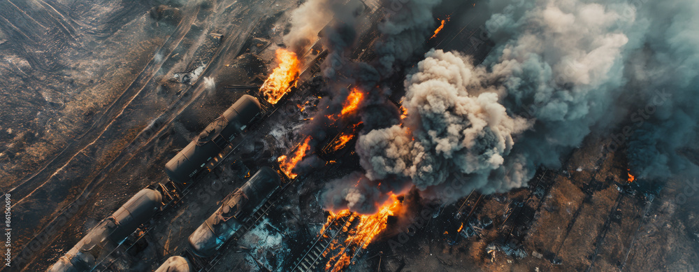 Aerial view of a train fire with thick smoke and flames Aerial view of a train fire with thick smoke and flames