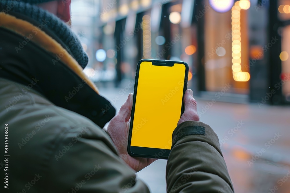 App preview over shoulder of a man holding an smartphone with a fully yellow screen App preview over shoulder of a man holding an smartphone with a fully yellow screen