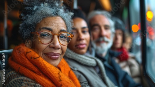 A senior woman, wearing glasses and a bright scarf, smiles with her family on public transport. The image captures warmth, companionship, and joyful moments during travel.