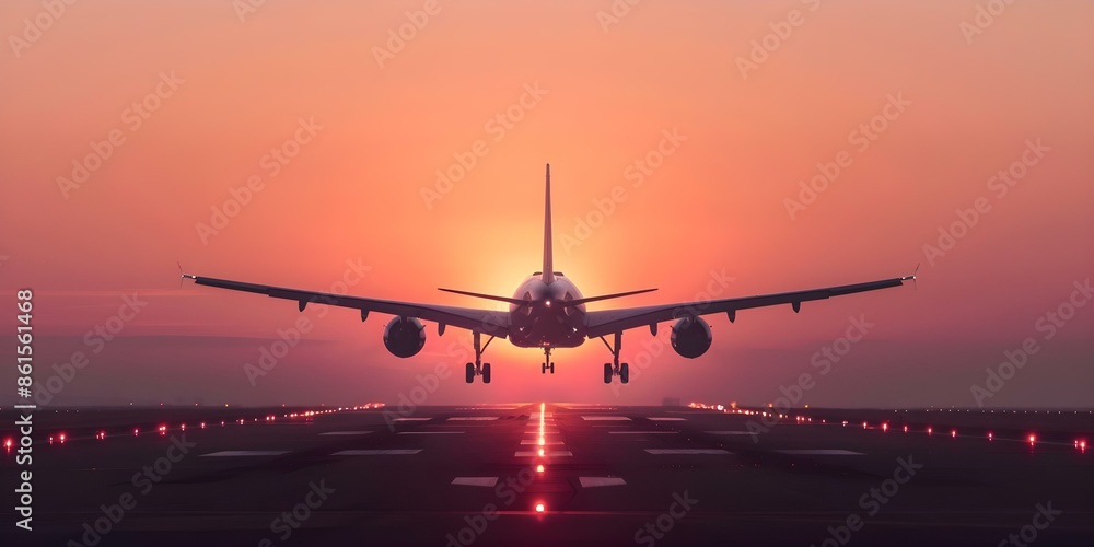 An airplane landing at sunset on a red runway at an airport. Concept Travel, Aviation, Sunset, Airports, Transportation An airplane landing at sunset on a red runway at an airport. Concept Travel, Aviation, Sunset, Airports, Transportation